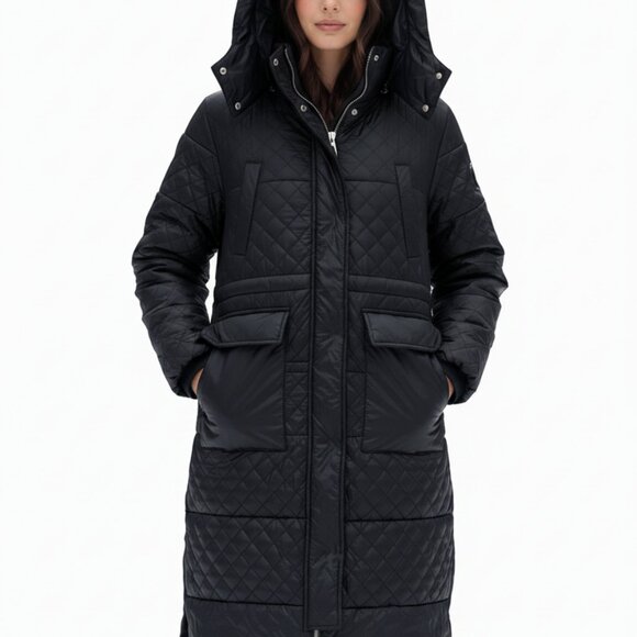 🧥 Women's Long Quilted Winter Parka, Black, SUPER WARM, Hooded Pockets. EXC (S) - Picture 1 of 9
